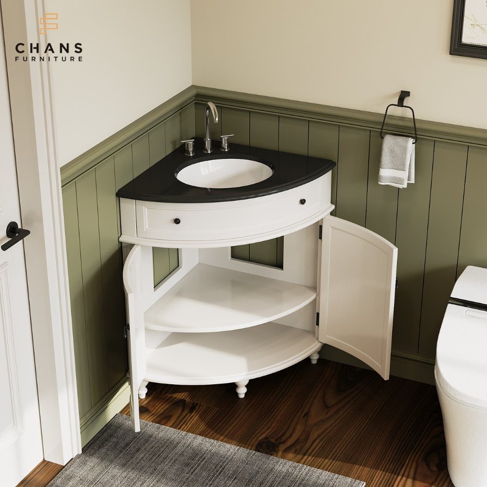 Tennant Brand 24" White Corner Bathroom Vanity with Black Granite Top