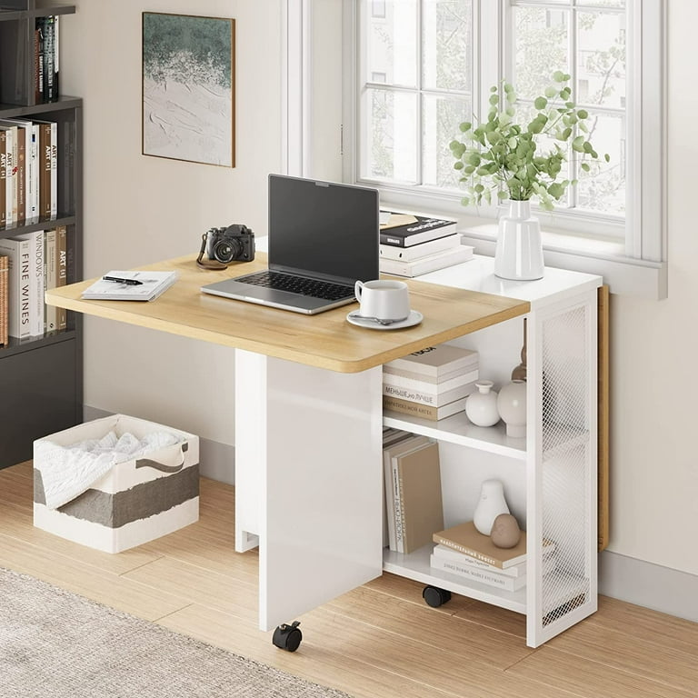 Drop Leaf Folding Dining Table with Storage Racks White