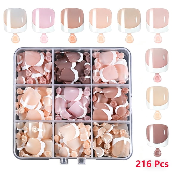 French Press On Toenails, 216Pcs Short Square False Toe Nail Tips, 9 Colors Nude White Edge Fake Nails, Full Cover Reusable Toenail Kit, Easy DIY Nail Art Decor for Women Daily Use