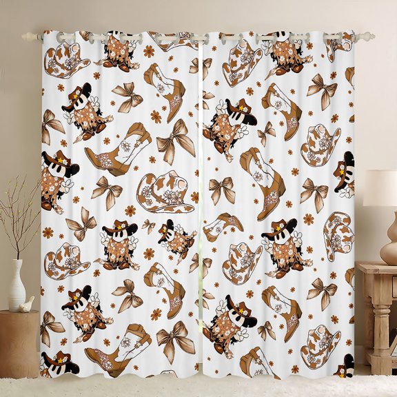 Feelyou Cowgirl Hat Boot Blackout Curtains Set of 2 (52x84 Each) for Kids, Kawaii Princess Ribbon Bow Window Curtains, Cartoon Flower Curtains and Drapes, Living Room Curtains Decor