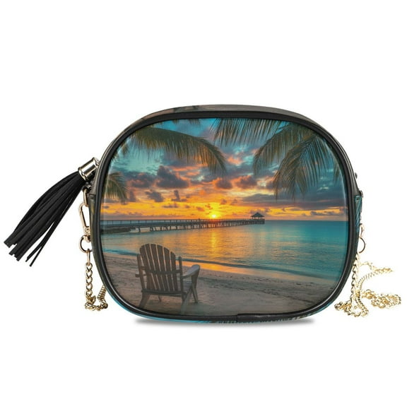 Womens Casual Chain Shoulder Bag Simple style Beach Sunset with Trees Crossbody Bag
