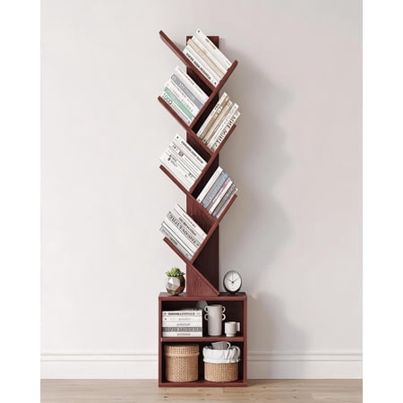 6 Tier Tree Bookshelf Tall Narrow Floor Standing Bookcase with Storage Cabinet for Bedroom Living Room Home Office Corner Cherry