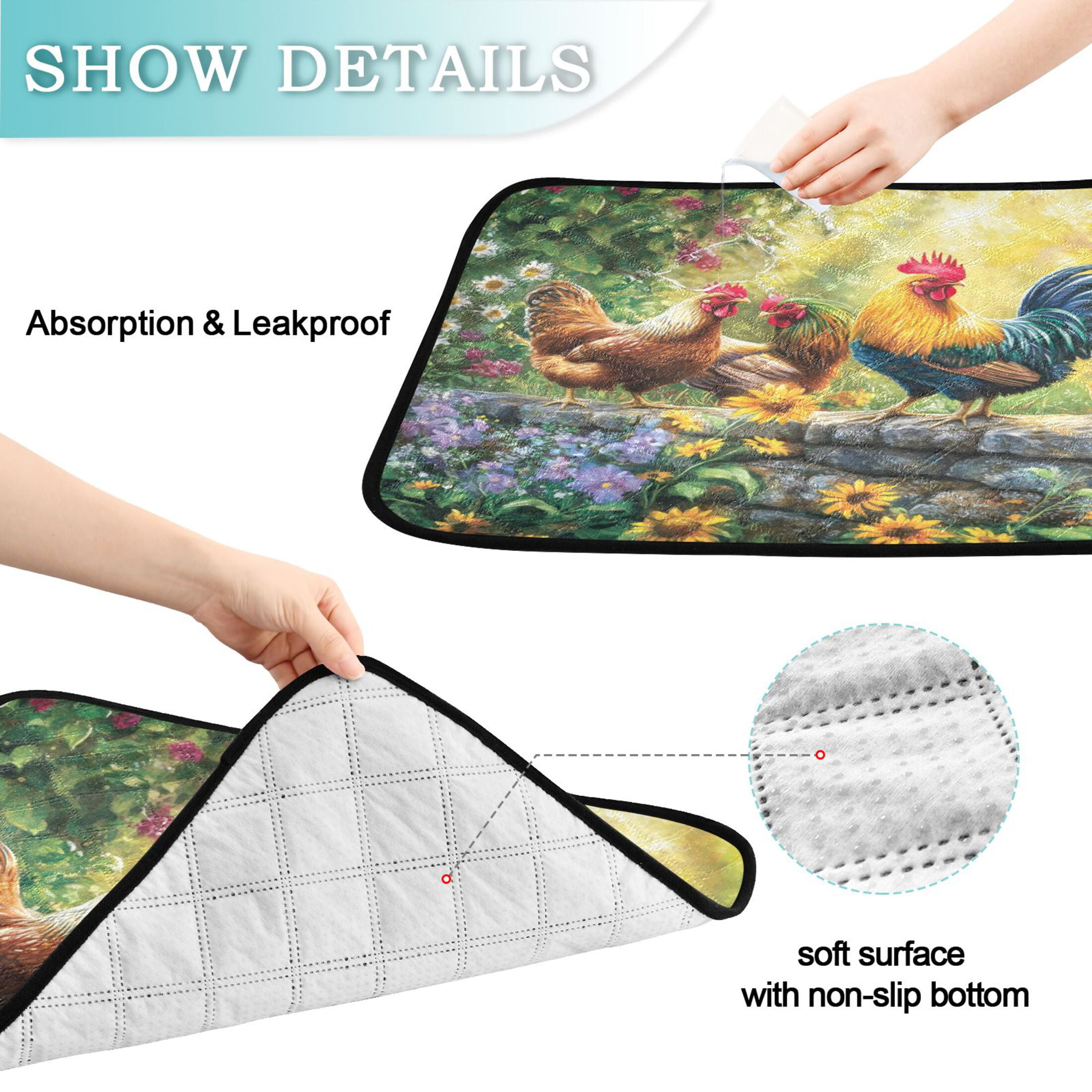 Qxltty Beautiful Rooster Cat litter Pads Pet Set of 3 Diaper Mats Center Anti-leakage Layer Absorbent Soft and Comfortable