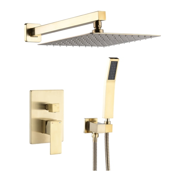 JERFIT 10" Wall Mounted Brushed Gold Shower System, Single Handle Mixer Valve with Rainfall Shower Head and Handheld Sprayer