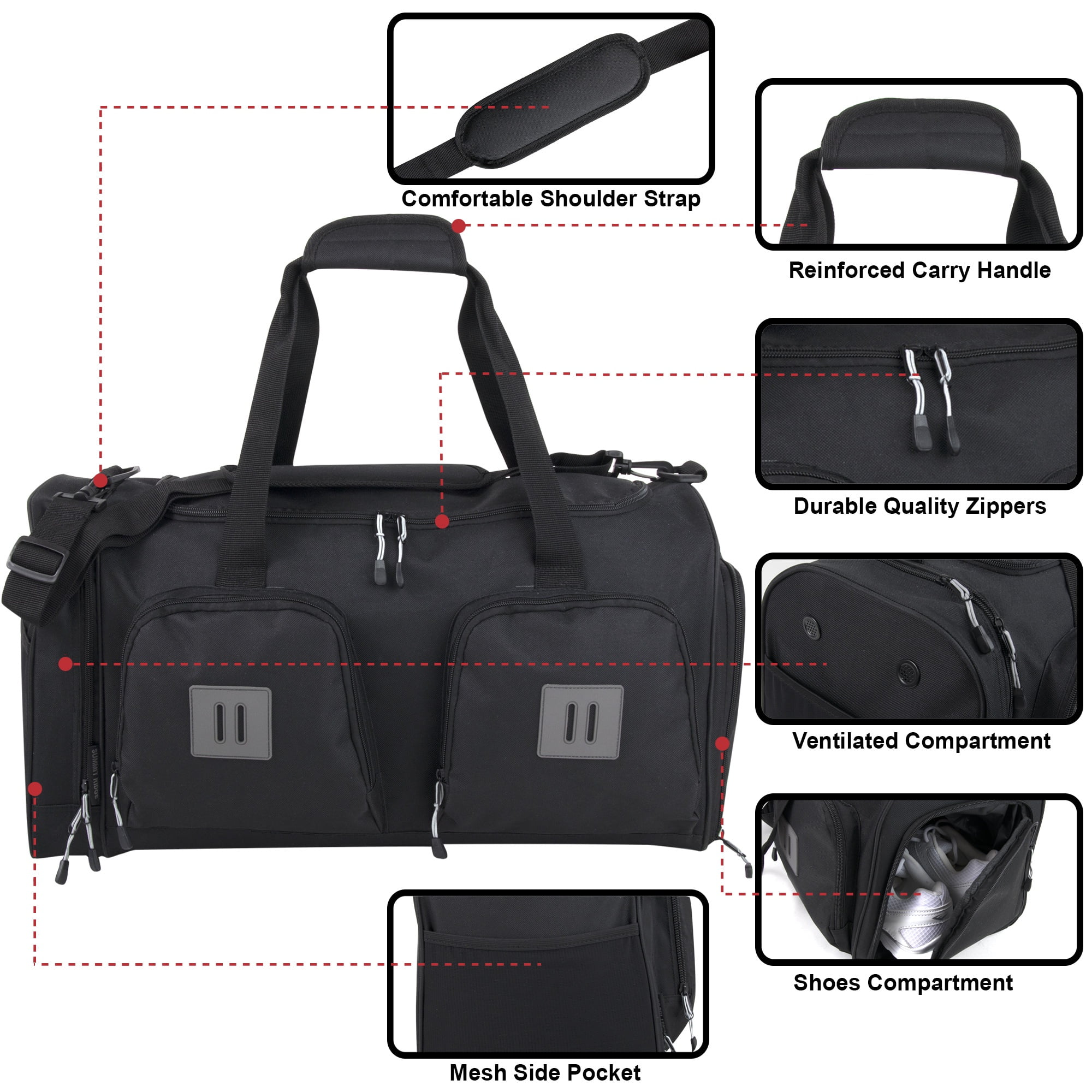 Summit Ridge 22"L Duffel Bag 38 Liter Capacity for Gym Clothes, Sports Equipment, Towels, Sneakers, Travel, Commute in Black