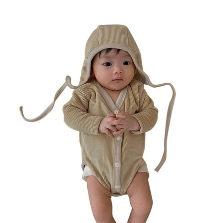 

Youmylove Cute Baby Newborn Infant Jumpsuit Girls Boys Solid Ribbed Cotton Autumn Long Sleeve Romper Bodysuit Hat Autumn Clothes