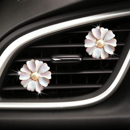 2 Pieces Daisy Flower Air Vent Clip Cute Car Air Freshener Clip Bling Pearl Car Air Outlet Decorations Charm Car Inter Decor Accessories for Girls Women