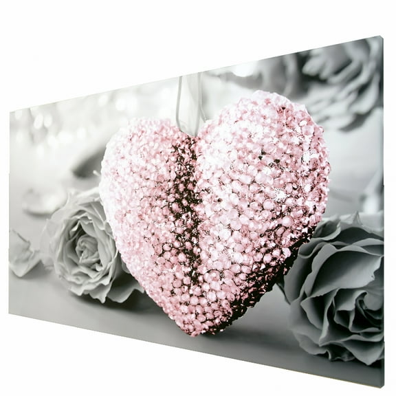 LAMIRO Pink Heart and Grey Flower Art Canvas Print Wall Hanging Picture Decor Frameless Pink Wall Decor