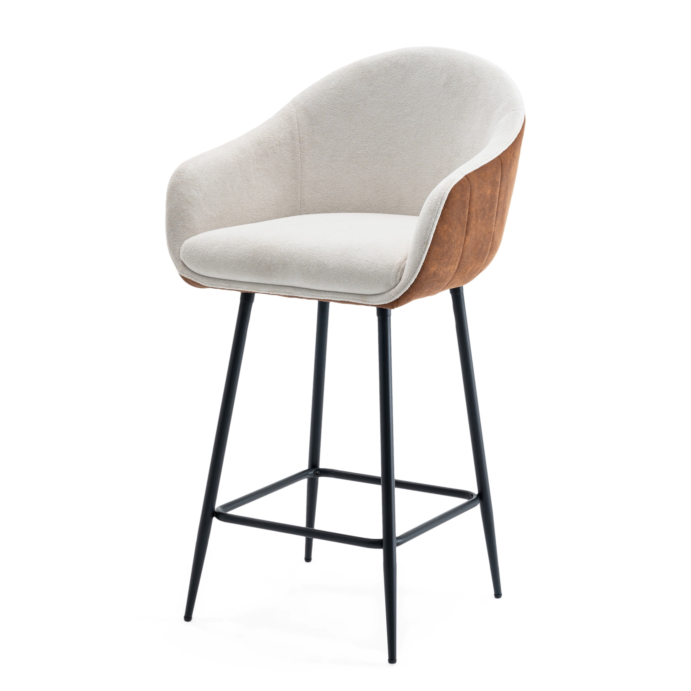 Horatia Mid-Century Modern 26.5'' Counter Height Bar Stools, Upholstered Barstools with Metal Legs, Beige+Brown, Set of 2