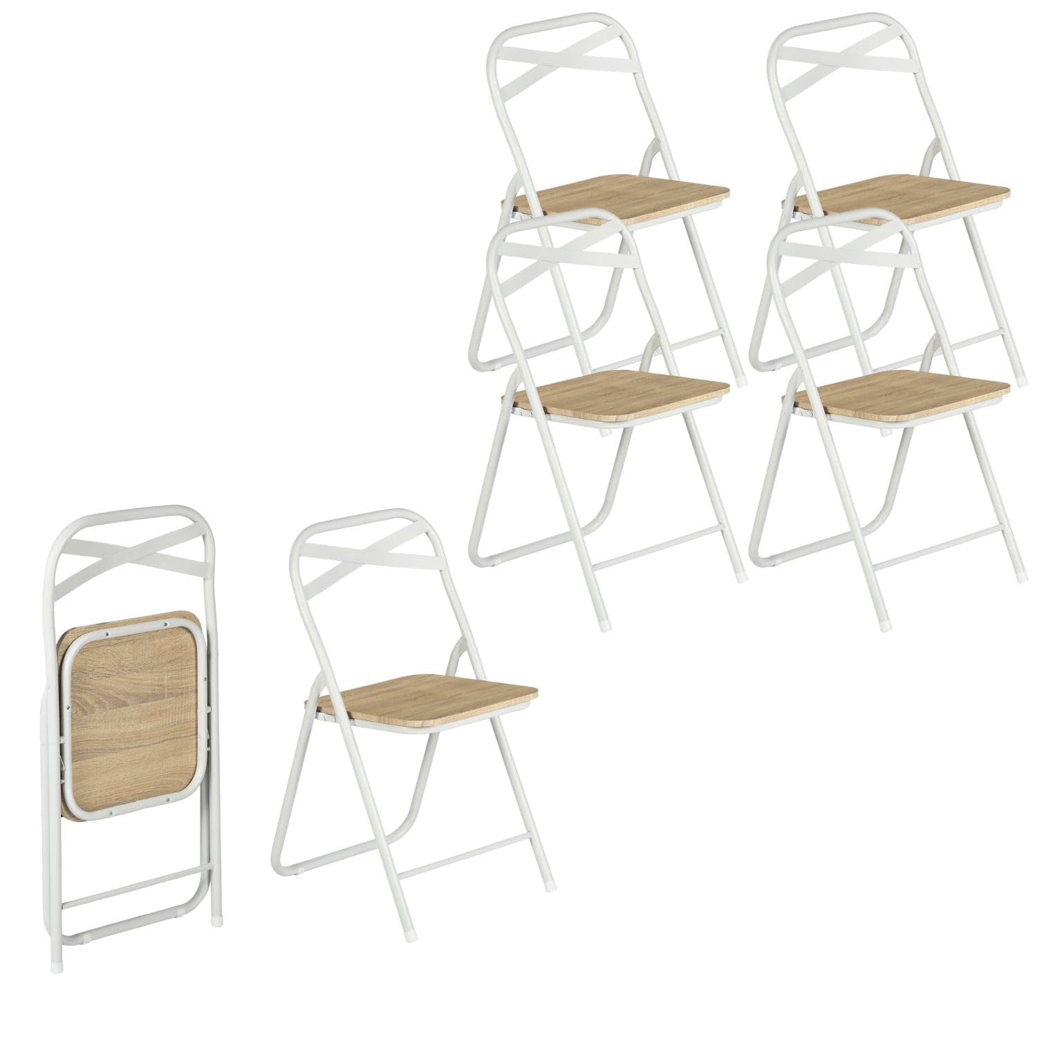6-Pack Stackable Folding Metal Chairs, Light Oak Finish, Waterproof Padded PVC Seat, No Assembly, Portable Chairs for Office Conference Party Indoor Outdoor