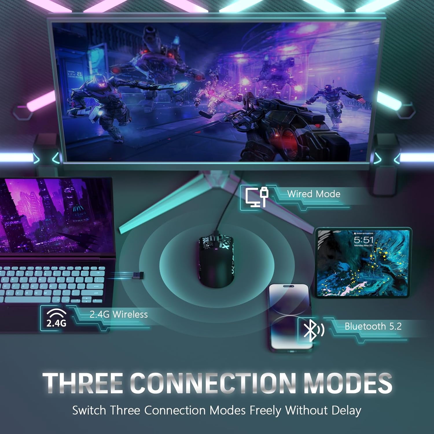 ATTACK SHARK X11 Wireless Gaming Mouse with RGB Magnetic Charging Dock, PixArt PAW3311 Sensor, Ultralight 59g Tri-Mode Gaming Mouse with Tape, Wired/2.4G/BT, 22K DPI for PC/Mac-Black&Tape