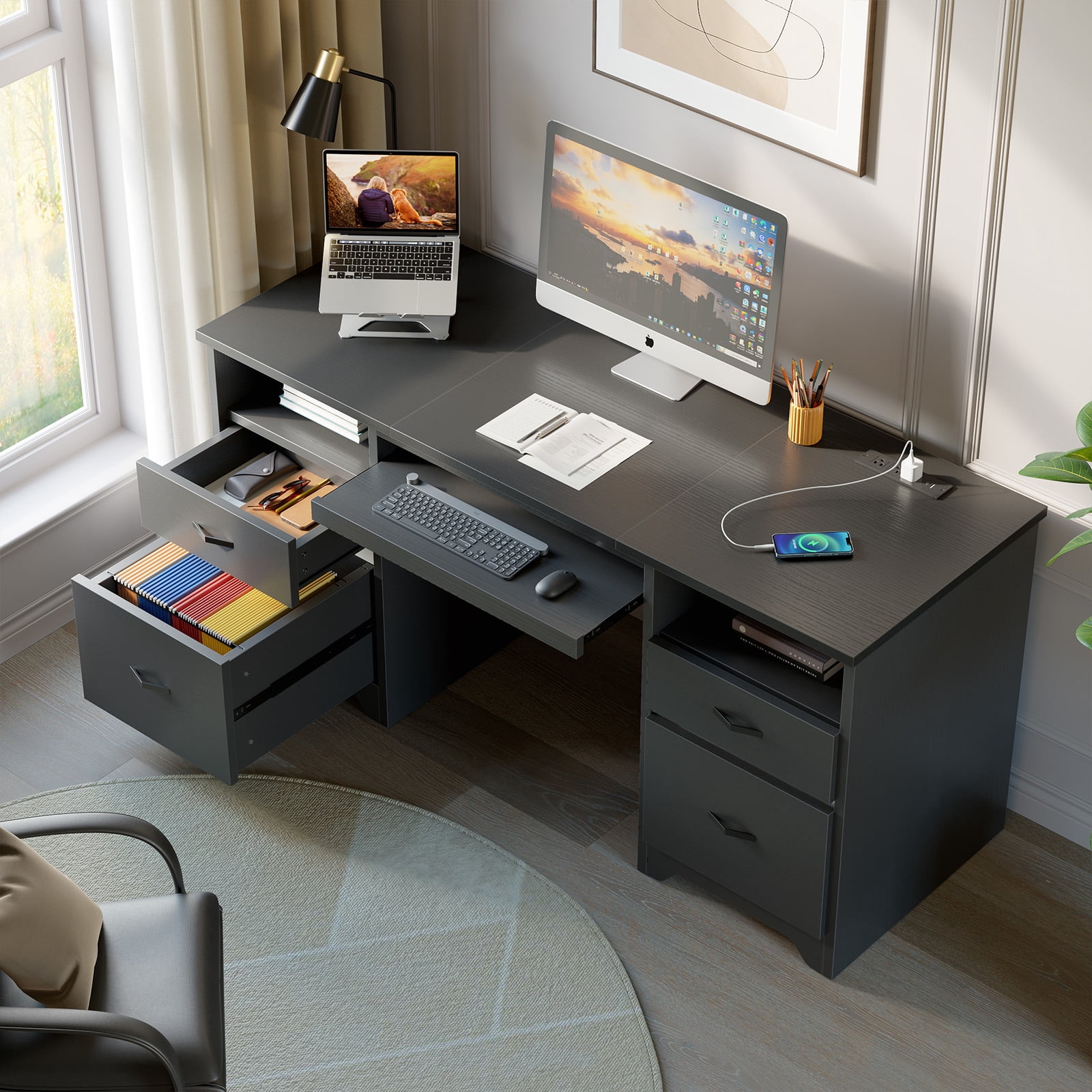 Bestier 59''Computer Desk with 4 Drawers,Office Desk with Storage,Modern Executive Desk with File Drawer, Office Desk with Charging Station, Keyboard Tray for Home office, Study & Bedroom，Black