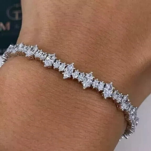 Sparkle Jewels Marquise Cut Cubic Zirconia Tennis Bracelet For Women 14K White Gold Finish Silver