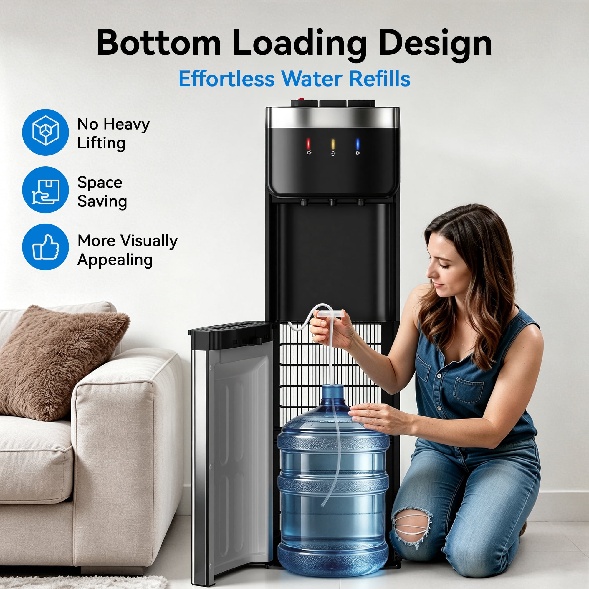 UrbanSync Bottom Loading Water Dispenser with Compressor Cooling, Stainless Steel Body & Aluminum Motor, High Dispensing Area, Safety Lock, New