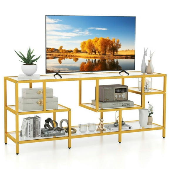 Canddidliike 58 Inch TV Console Table, Console Table with Tempered Glass Shelves for Living Room, Gold