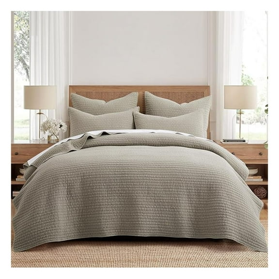 Eyelet Taupe Quilt Set - Full/Queen - Cotton Reversible Quilt & Shams - Bedroom Decor - 88x92in Quilt, 20x26in Shams Quilt - Full/Queen