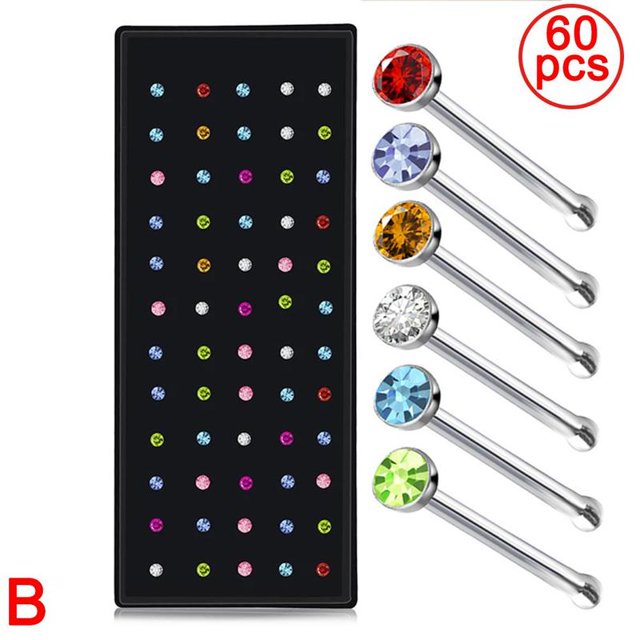 60 Individual Boxed 1.8mm Steel Inlaid Nose Nail Piercing Nose Ring C8V8