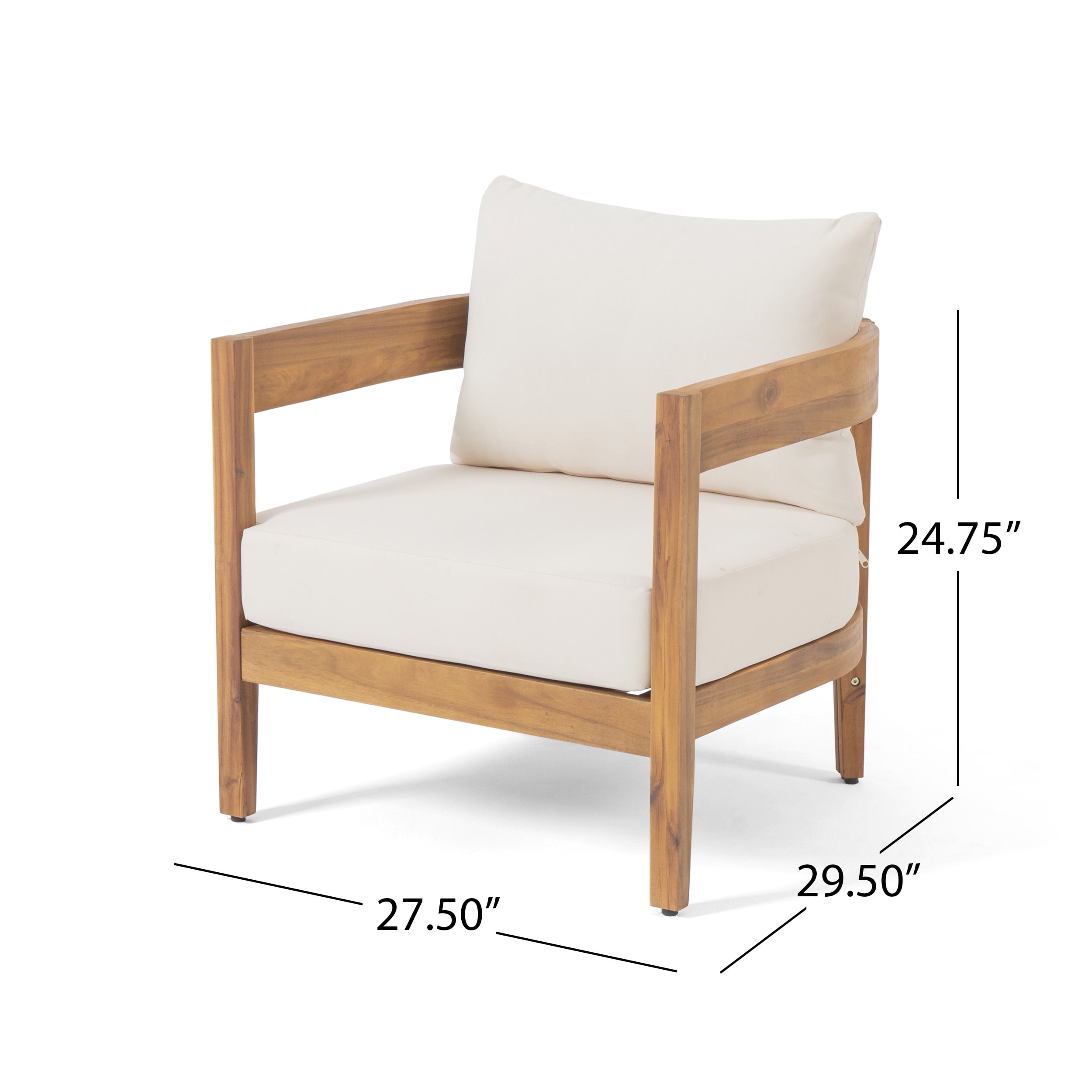 Deandre Acacia Wood Outdoor Club Chair with Cushions, Teak and Beige
