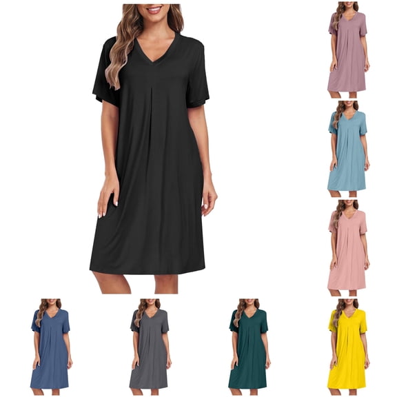 Wxolcjlv Women's Loose Midi Dress Short Sleeve V Neck Home Rest Nightdress
