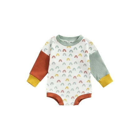 

Musuos Baby Romper Infants Contrast Color Patchwork Long Sleeve Round Neck Rainbow Pattern Print Ribbed Short Jumpsuit