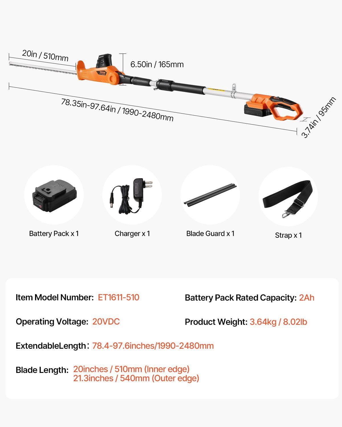 20V 1200RMP Electric Hedge Trimmer, 20in Extendable Cordless Blade for Precise Trimming