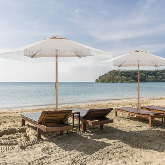 Autlaycil 7.5 FT 2 PCS Fringe Patio Umbrellas with Tilt and Crank for Beach Pool and Yard, Khaki