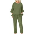 thumbnail image 1 of Mikilon Ensemble Élégant pour Femmes 2 Pcs Ensemble Chemise Col Rond Ensemble Pantalon Ample Neuf Minutes Mode Décontractée Chic Confort 2 Pcs Ensemble Vintage Vert Armée P, 1 of 4