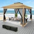thumbnail image 5 of COBIZI 12'x12' Pop-up Gazebo Patio Gazebo Outdoor Gazebo Canopy with Mosquito Netting Patio Tent Backyard Canopy with 2-Tiered Vented Top 3 Adjustable Height and 144 Square Ft of Shade, Brown, 5 of 18