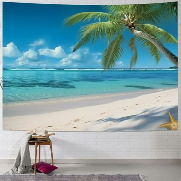 Shiartex  Tropical Ocean Beach Tapestry Seascape Palm Tree Botany Hawaii Coastal Starfish Nature Wall Art Summer Seaside Man Woman Wall Hanging Bedroom Dorm Decor Fabric 40x30inch