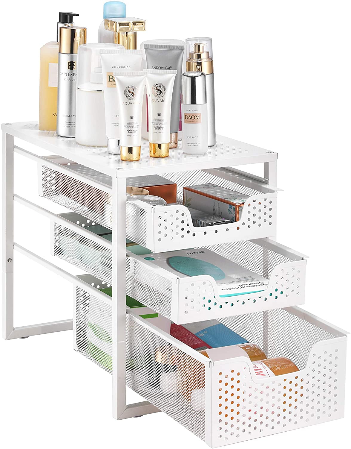 3-Tier Under Sink Cabinet Organizer with Sliding Storage Drawer, Desktop Organizer for Kitchen Bathroom Office, Stackbale,White