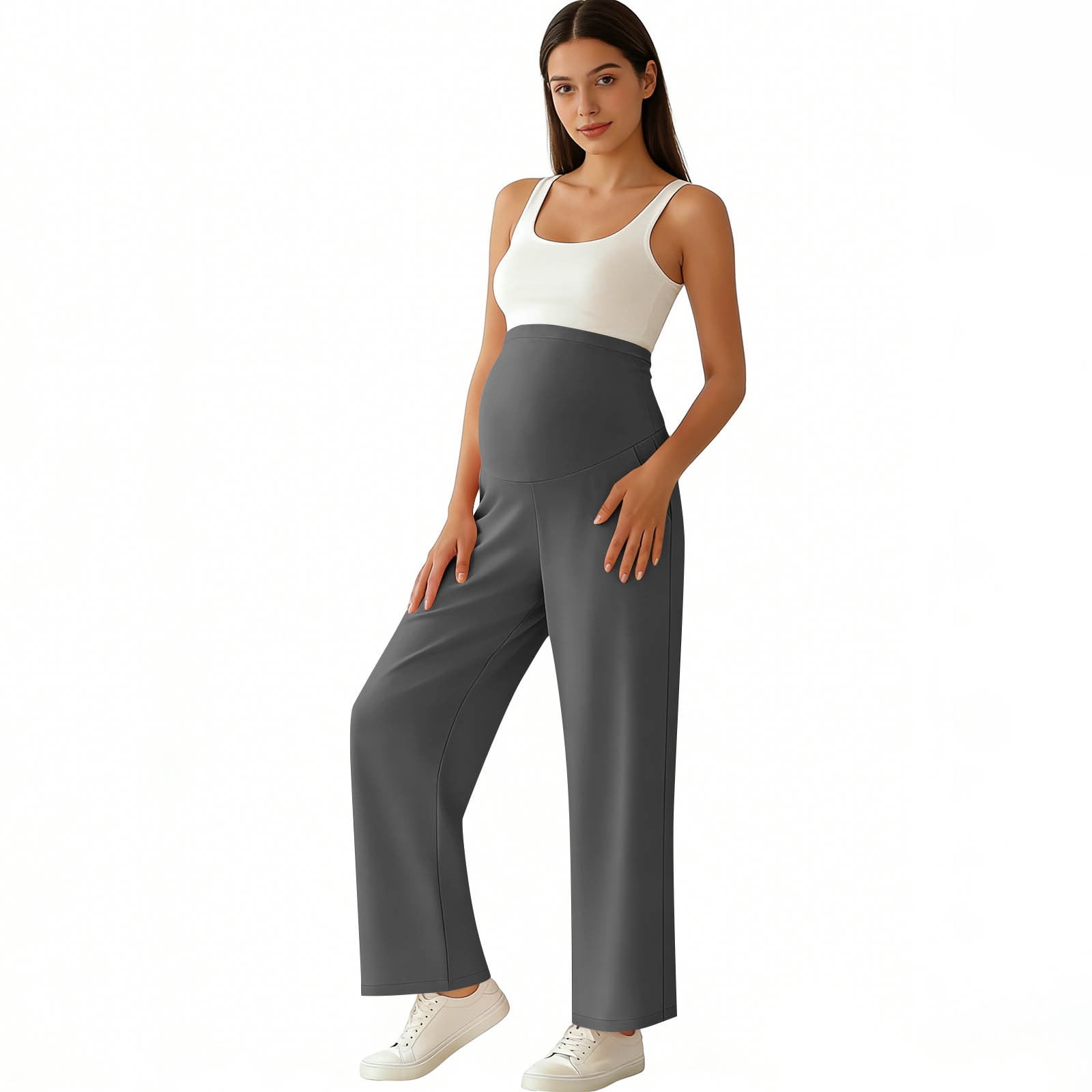 Women's Maternity Yoga Dress Pants Over the Belly Stretchy Lounge Work Pregnancy Straight Leg Trousers with Pockets