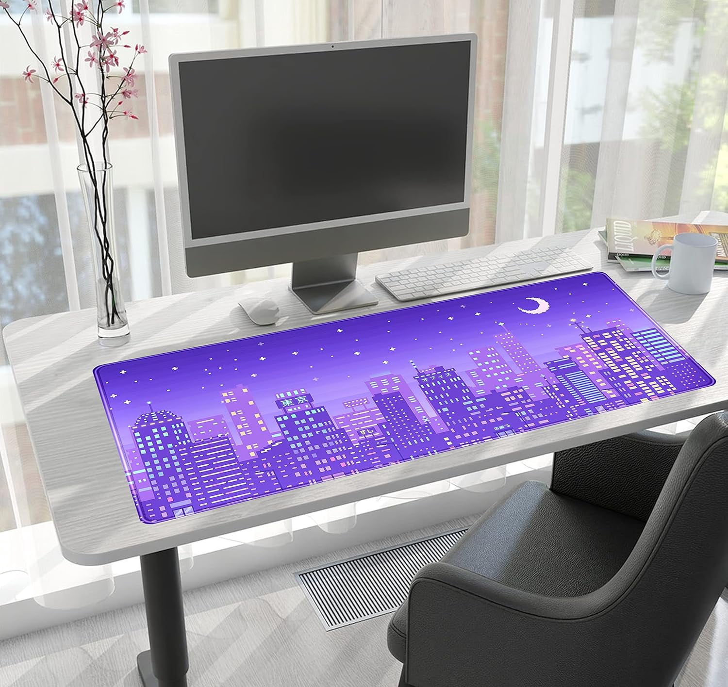 Purple Anime Tokyo City Mousepad Retro Neon Pixel XXL Deskmat, Gaming Anime Cool Kawaii Large Mouse Pad, 31.5x15.75 Inch, Perfect for Girl Gamers
