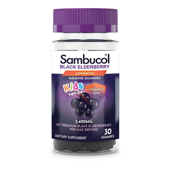 Sambucol Black Elderberry Kids Immune Support Gummies with Vitamin C and Zinc, 30 Count