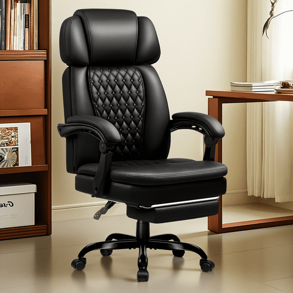 PUKAMI Office Desk Chair with Foot-Rest, 400lbs Executive Office Chair, Comfy High Back Ergonomic PU Leather Reclining Desk Chair with Lumbar Support