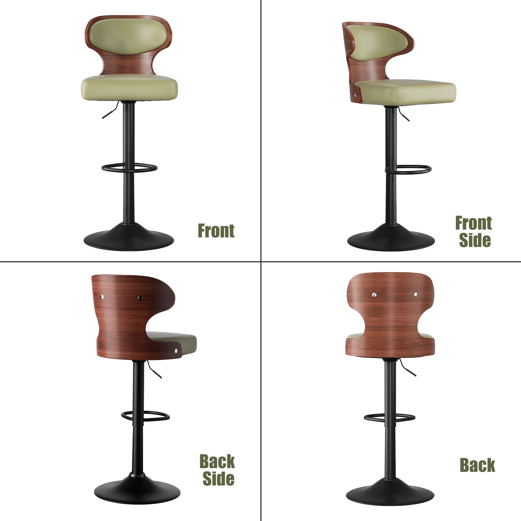 Hawsaiy Bar Stools Set of 2, Adjustable Height 24.5"-33.5", Bentwood Swivel Barstools with Back & Footrest, PU Leather Upholstered Bar Chairs for Kitchen Island, Dining Room, Home Bar