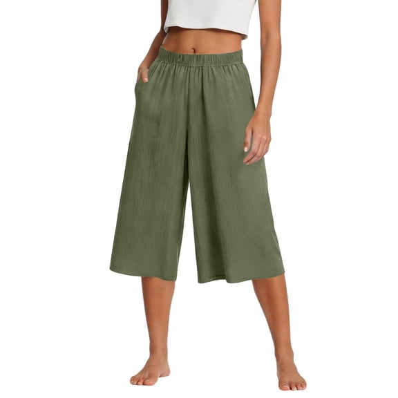 Resivox Womens Cotton Linen Wide Leg Pants Casual High Waist Capris Loose Fit Flare Trousers Breathable Comfortable with Pockets Army Green M
