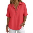 thumbnail image 3 of Cotton Linen Tops for Women Short Sleeve Collared Blouses Shirt Loose Fit 1/2 Button Summer Vacation Travel Daily Wear, XL, 3 of 7