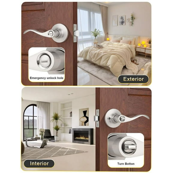 Mengico 4 Pack Satin Nickel Privacy Door Lever, Modern Interior Door Knobs Locks for Bedroom and Bathroom, Heavy Duty Door Handle, Reversible Wave Lever Handle