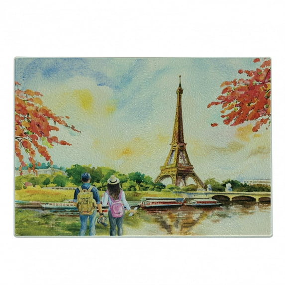 Travel Cutting Board, Illustration of a Couple Watching the Eiffel Tower in Paris Touristic Spots, Decorative Tempered Glass Cutting and Serving Board, in 3 Sizes, by Ambesonne