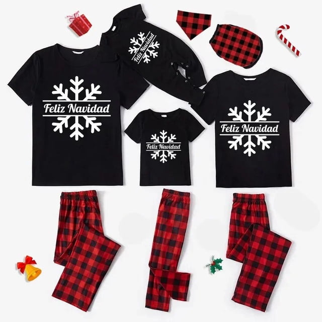 Pijamas familiares a juego de Navidad, conjunto de pijamas negros de copo de nieve, Feliz Navidad
