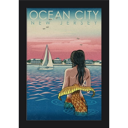 Ocean City, New Jersey - Mermaid & Beach - Woodblock Print - Lantern Press Artwork (12x18 Giclee Art Print, Gallery Framed, Black