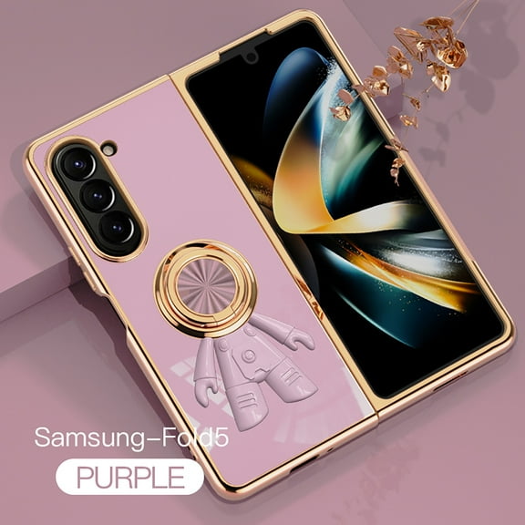 Compatible with Samsung Galaxy Z Fold 5 Cute Case with 3D Astronaut 360 Ring Holder Hidden Kickstand Plating Camera Protection Cover Soft Silicone Bumper Phone Case for Women Men,Purple