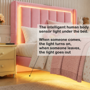 Twin Bed Frame with Motion Sensor Light, UHOMEPRO Upholstered Platform Bed with Charging Station and Wooden Storage Drawer, No Box Spring Needed, Pink