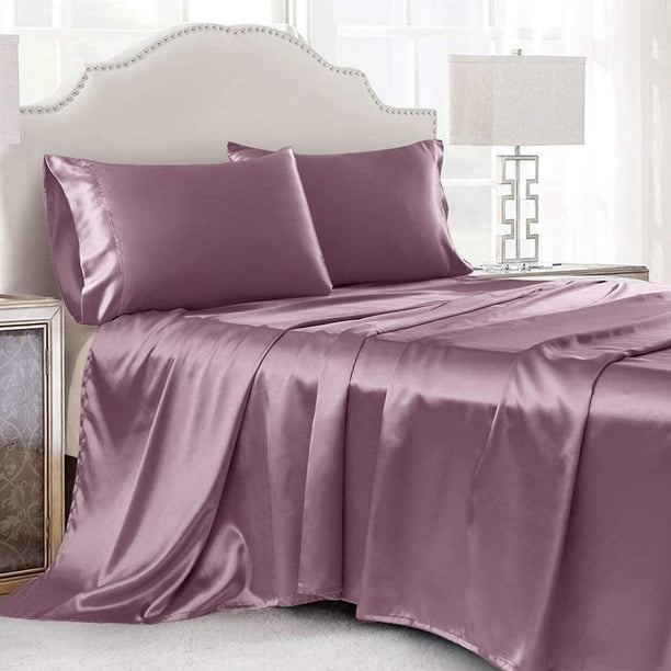 ANMINY Satin Sheets Queen Silk Sheets Bean Paste Color Bed Sheet Set