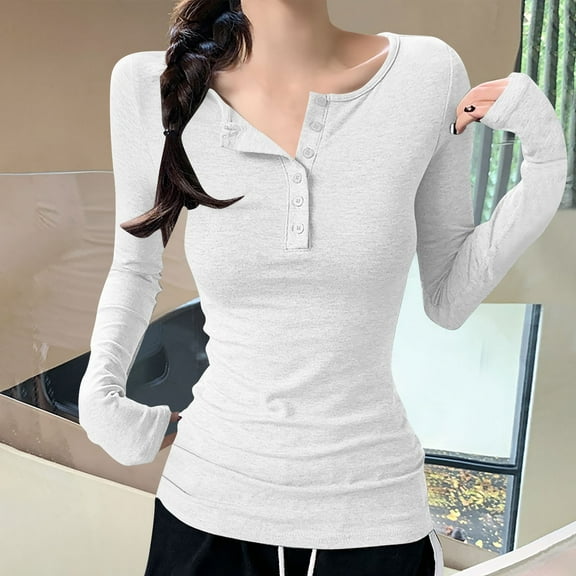 OKSALE Quarter Button Tops for Women Cozy Long Sleeve Shirts Solid Color Crewneck Tee Blouses Slim Fit Sexy Top Soft Versatile Tops 2025