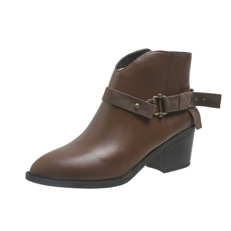 

Ladies Fashion Solid Color Leather Pointed Belt Buckle Dide Zipper Thick Heel Short Boots