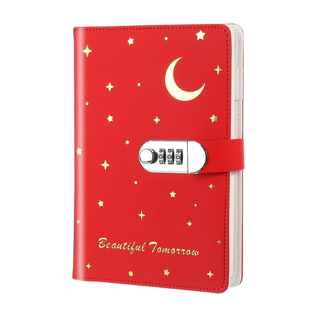 Unique Bargains A5 Diary with Lock, Journal with Lock Cute Journaling Leather Notebook Journal Stars Moon Diary Pen Slot, Red
