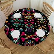 PIKWEEK Round Fitted Tablecloth Colorful Pirate Skull Round Table Cloth with Elastic Edged Cute Waterproof Wipeable Table Cover