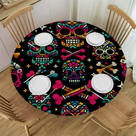 PIKWEEK Round Fitted Tablecloth Colorful Pirate Skull Round Table Cloth with Elastic Edged Cute Waterproof Wipeable Table Cover