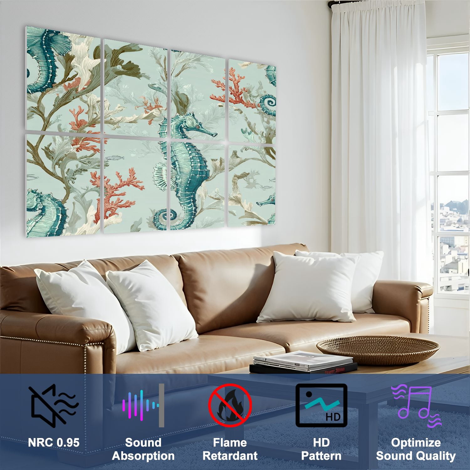8 Pack Art Acoustic Panels Sound Absorbing Vintage Seahorse Coral Muted Decorative Soundproof Wall Panels Self Adhesive for Nursery Game Room Bedroom 48"x32"
